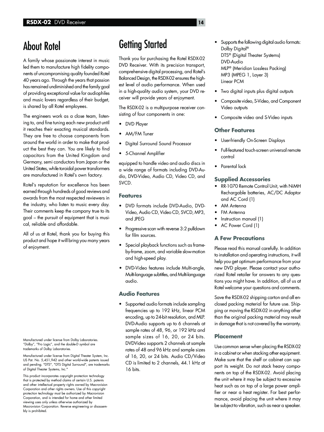 Rotel RSDX-02 owner manual About Rotel, Getting Started 