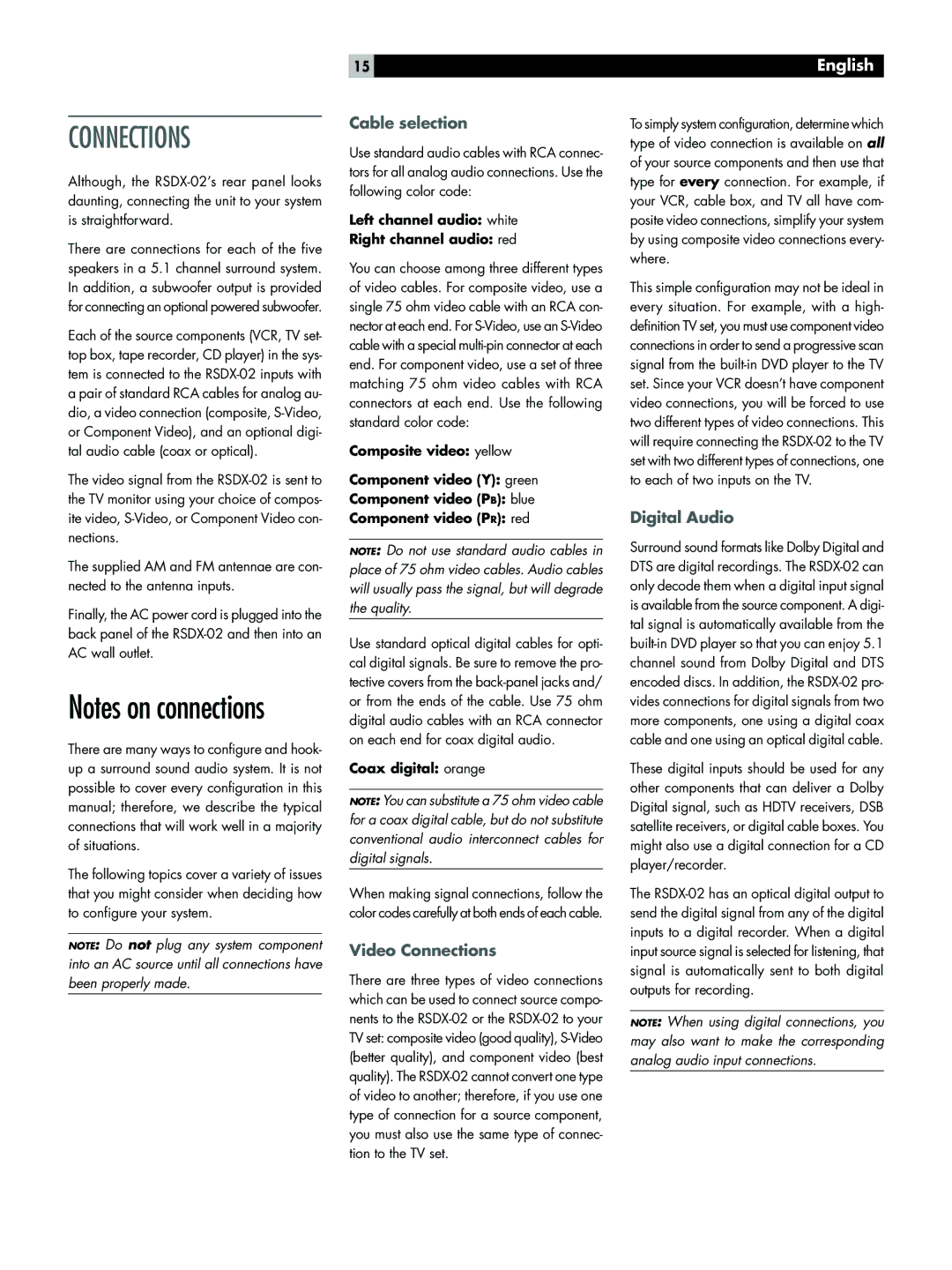 Rotel RSDX-02 Cable selection, Video Connections, Digital Audio, Left channel audio white Right channel audio red 