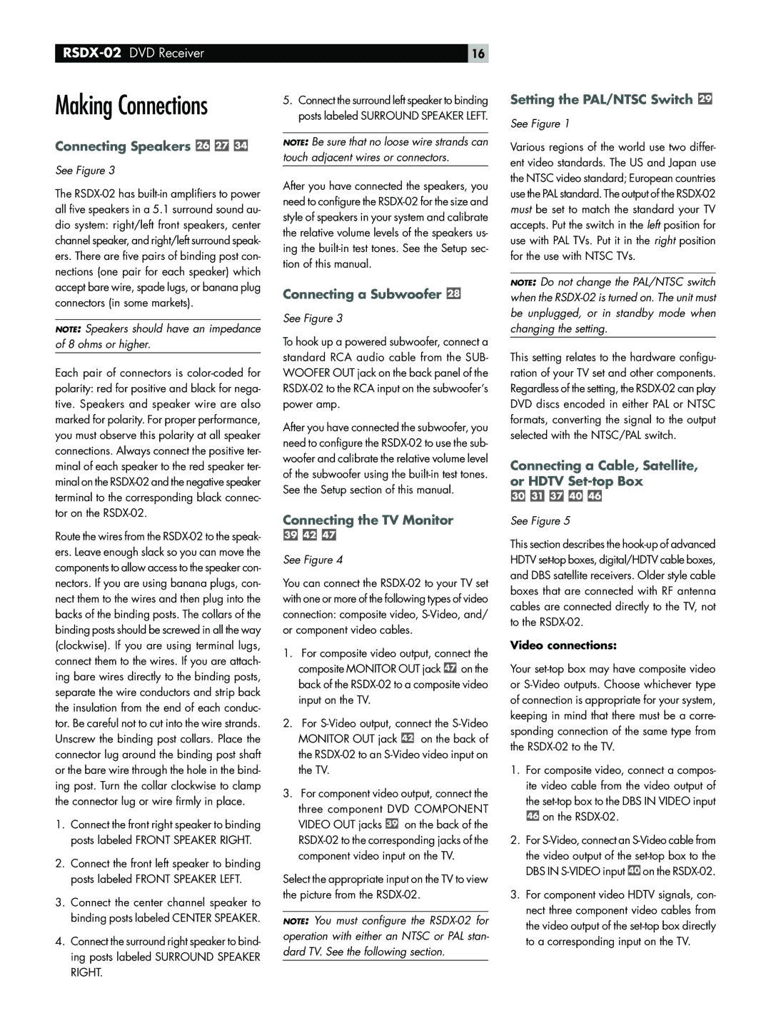 Rotel RSDX-02 Connecting Speakers, Connecting a Subwoofer, Connecting the TV Monitor, Setting the PAL/NTSC Switch 