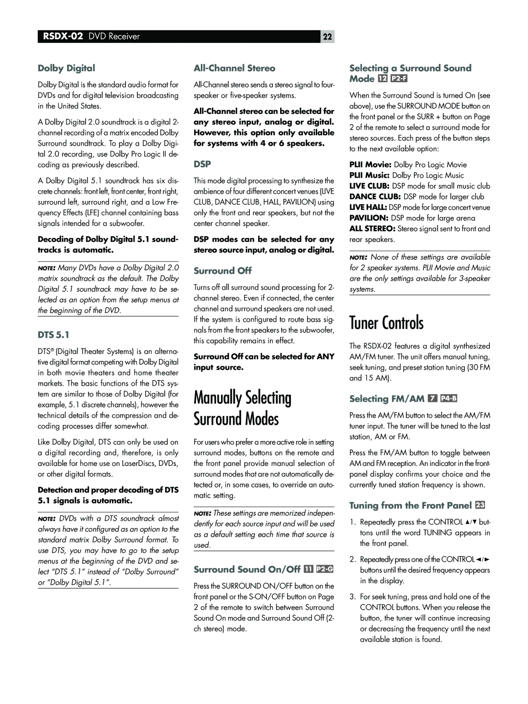 Rotel RSDX-02 owner manual Manually Selecting Surround Modes, Tuner Controls 