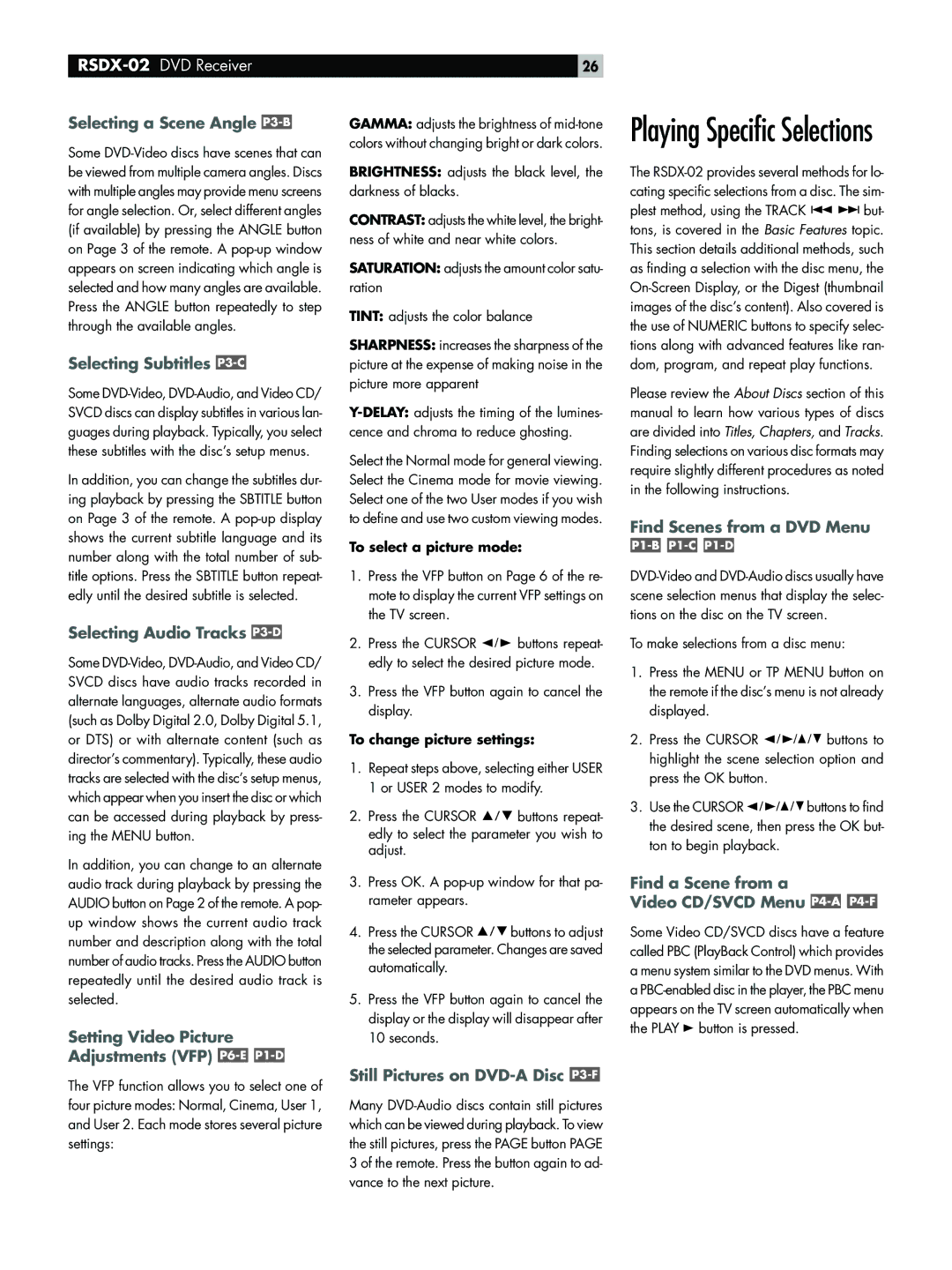 Rotel RSDX-02 Selecting a Scene Angle, Selecting Subtitles P3-C, Selecting Audio Tracks P3-D, Find Scenes from a DVD Menu 