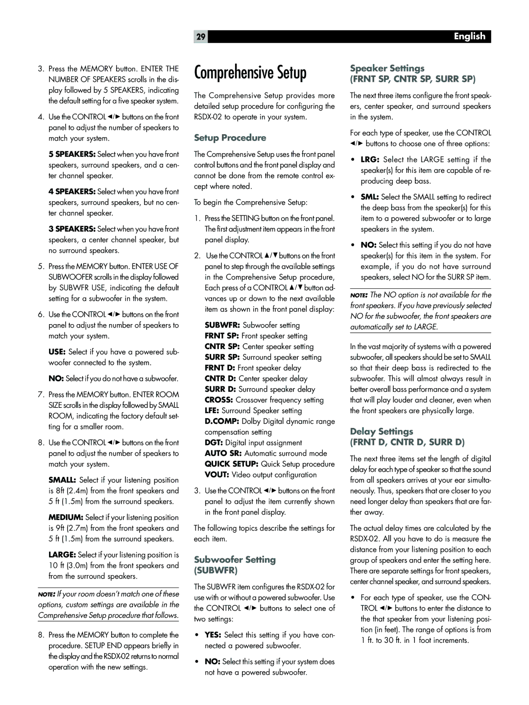 Rotel RSDX-02 owner manual Setup Procedure, Subwoofer Setting Subwfr, Speaker Settings, Delay Settings 