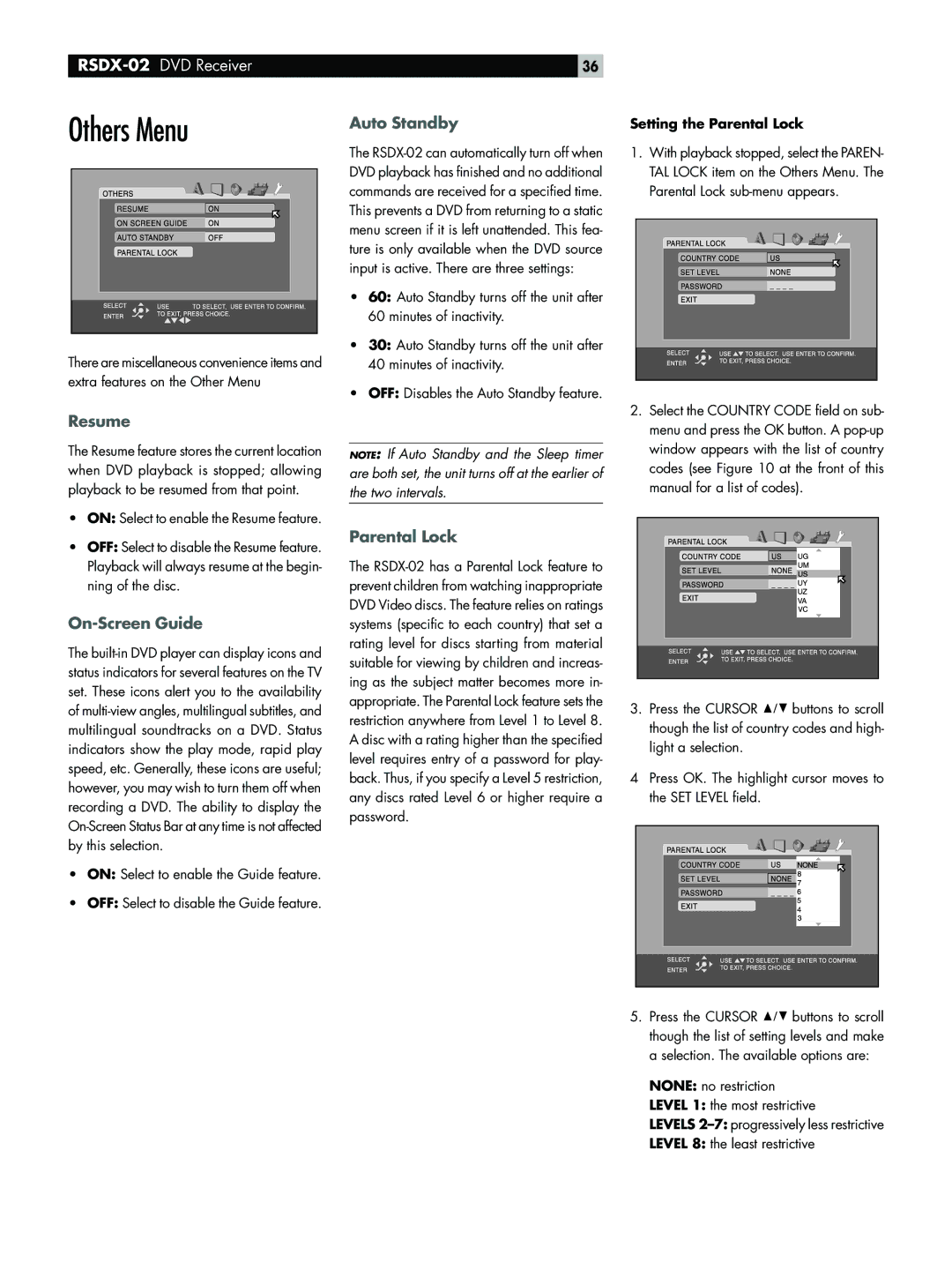 Rotel RSDX-02 owner manual Others Menu, Resume, On-Screen Guide, Auto Standby, Parental Lock 