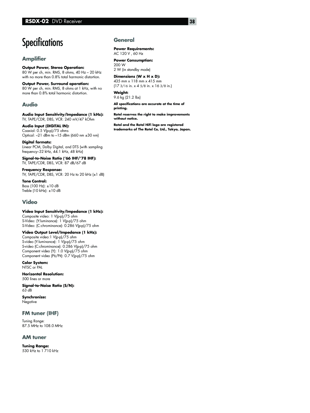 Rotel RSDX-02 owner manual Specifications 