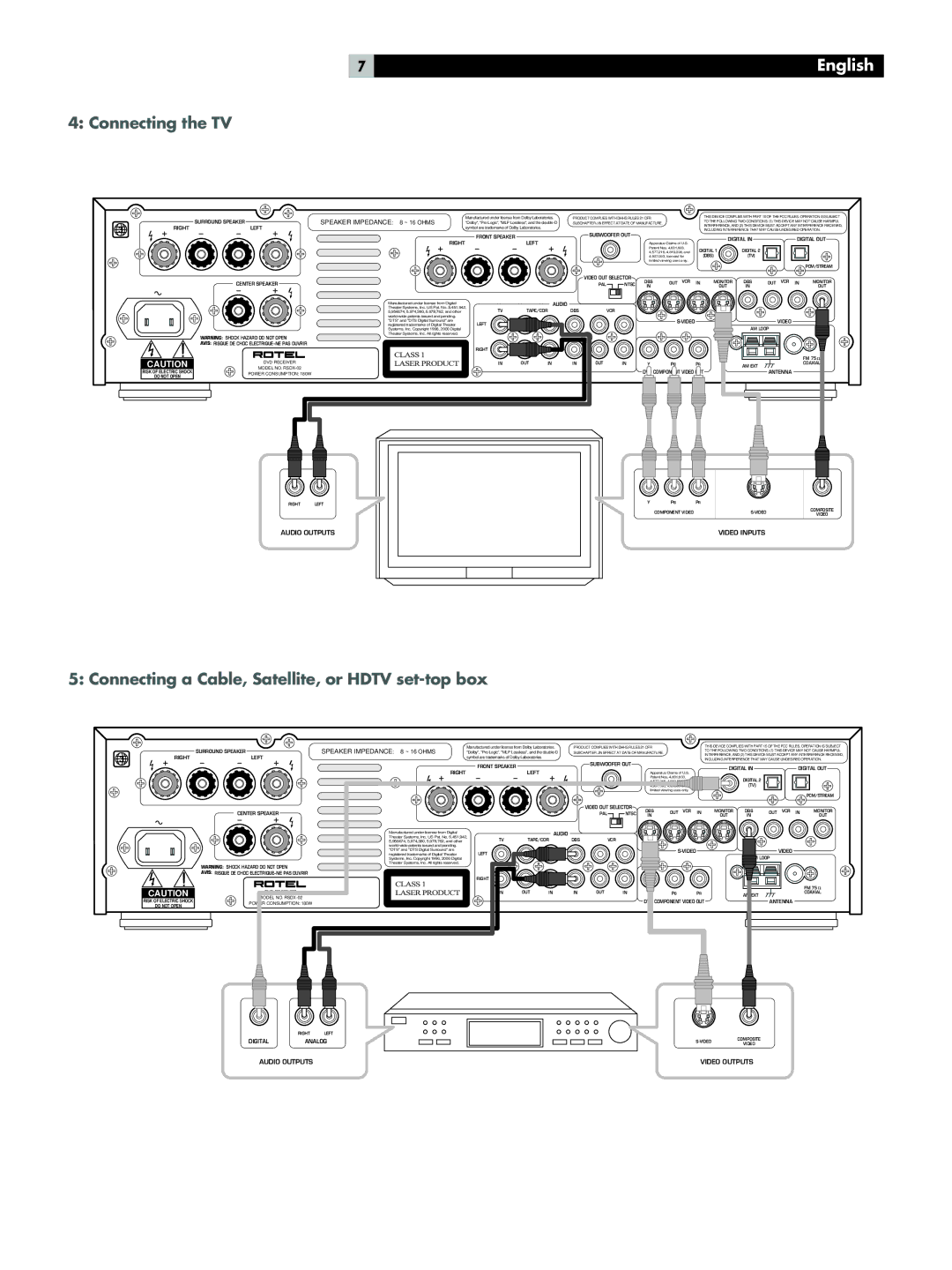 Rotel RSDX-02 owner manual Connecting the TV, Connecting a Cable, Satellite, or Hdtv set-top box 