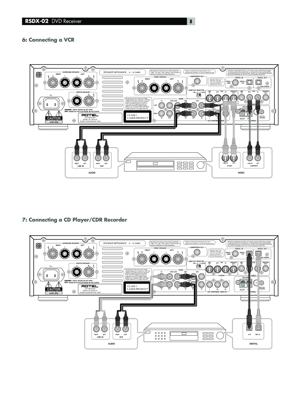 Rotel RSDX-02 owner manual Connecting a VCR, Connecting a CD Player/CDR Recorder 