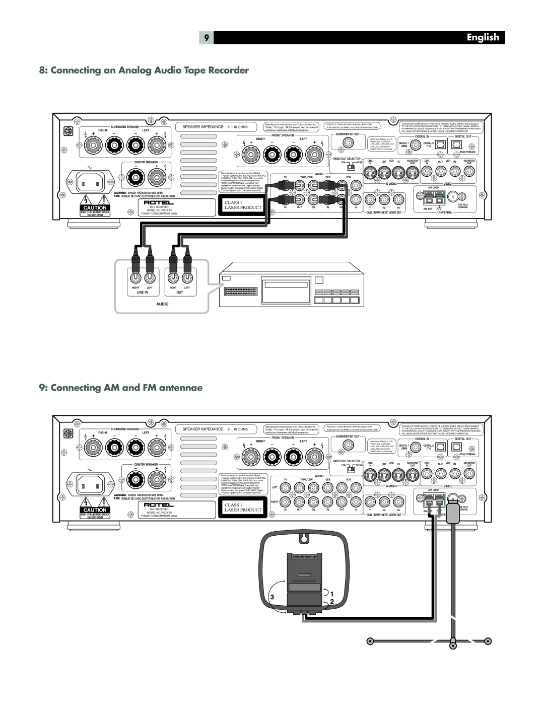 Rotel RSDX-02 owner manual Connecting an Analog Audio Tape Recorder, Connecting AM and FM antennae 