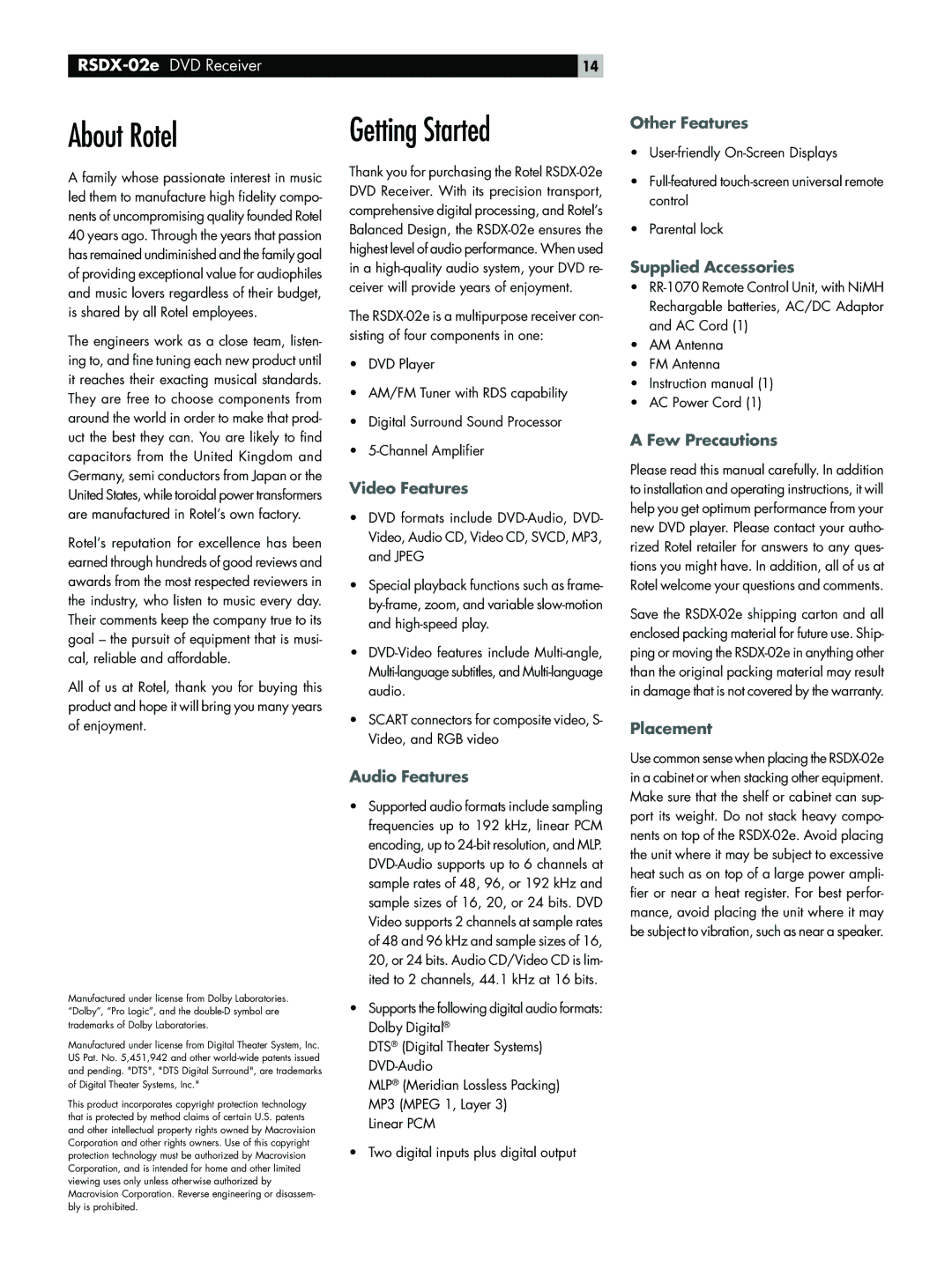 Rotel RSDX-02e owner manual About Rotel, Getting Started 