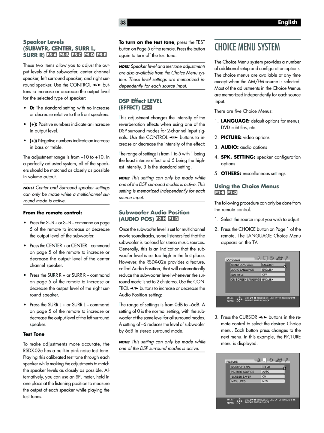 Rotel RSDX-02e Speaker Levels, DSP Effect Level Effect P5-F, Subwoofer Audio Position Audio POS P2-HP1-D, Test Tone 