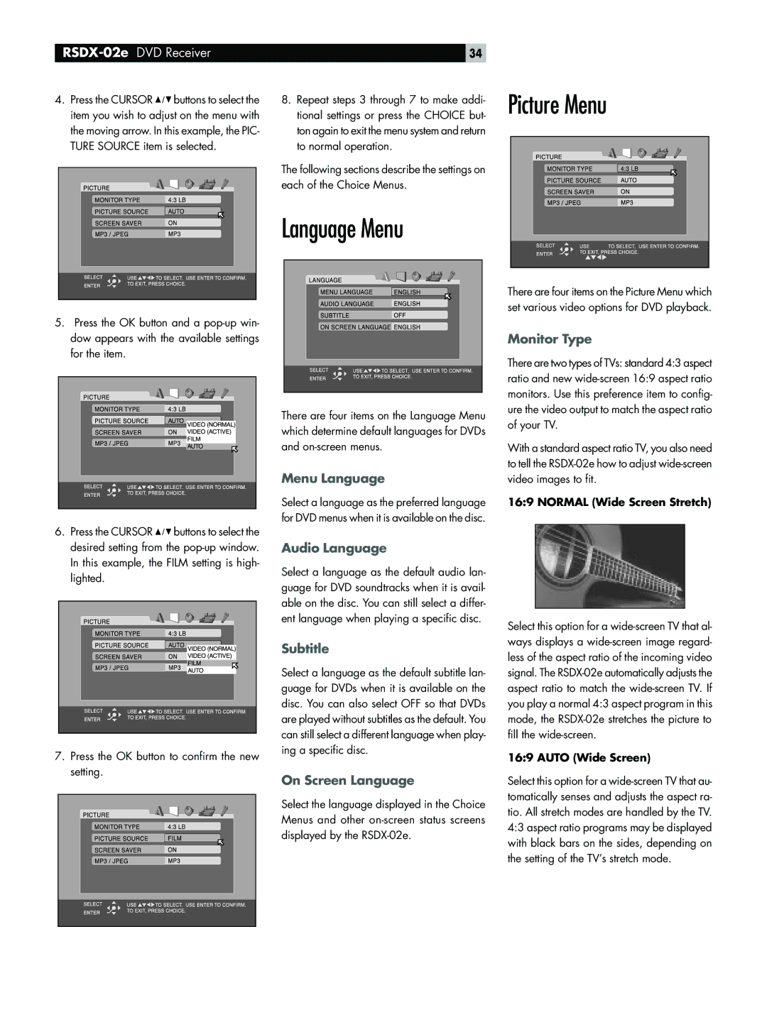 Rotel RSDX-02e owner manual Language Menu, Picture Menu 