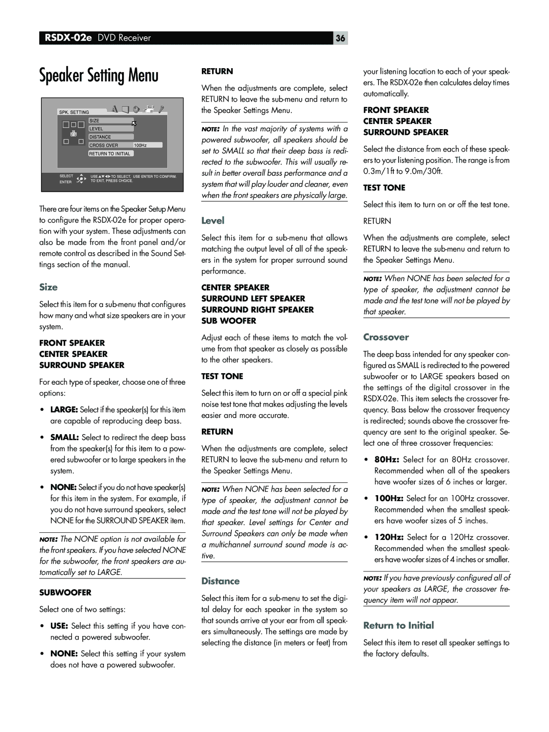 Rotel RSDX-02e owner manual Size, Level, Distance, Crossover, Return to Initial 