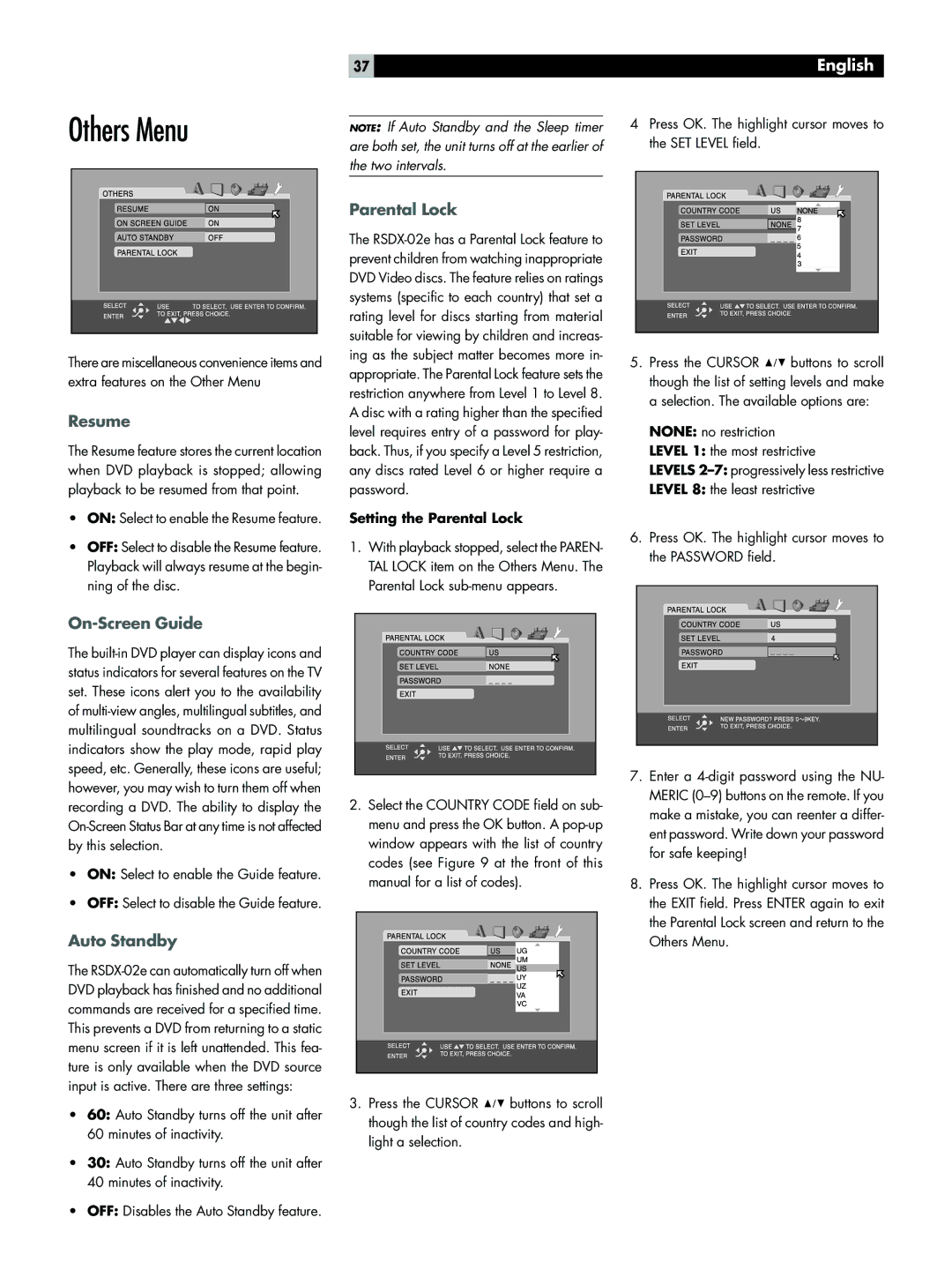 Rotel RSDX-02e owner manual Others Menu, Resume, Parental Lock, On-Screen Guide, Auto Standby 