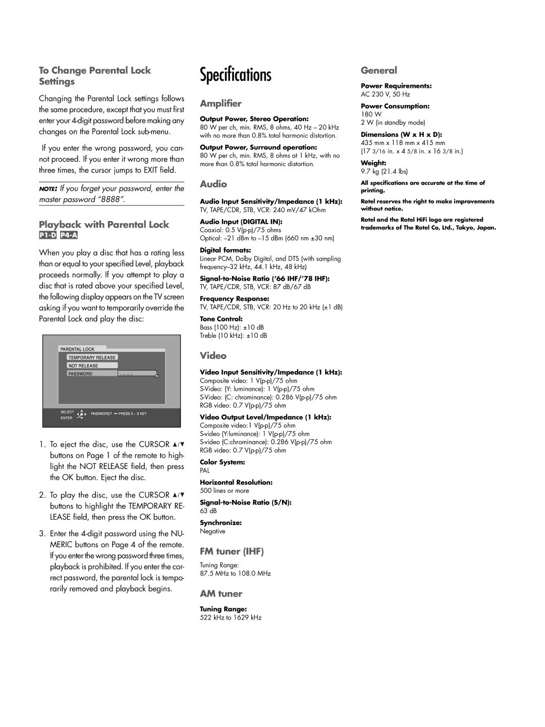 Rotel RSDX-02e owner manual Specifications 