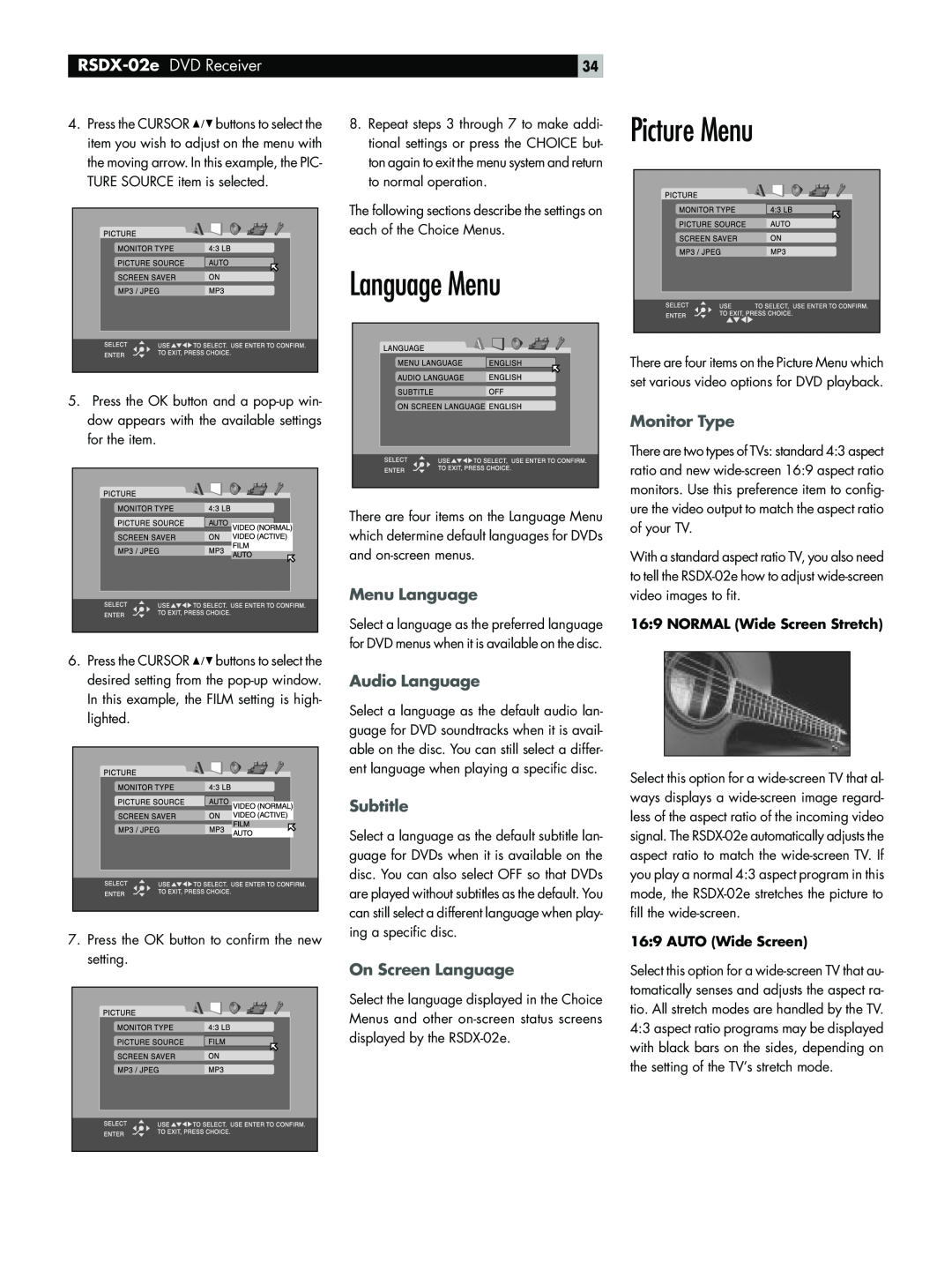 Rotel RSDX-02e Language Menu, Picture Menu, Menu Language, Audio Language, Subtitle, On Screen Language, Monitor Type 