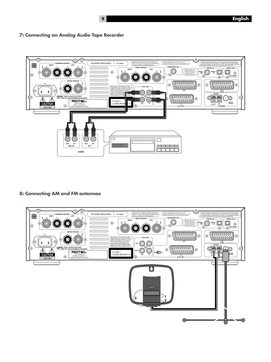 Rotel RSDX-02e Connecting an Analog Audio Tape Recorder, Connecting AM and FM antennae, English, Line In, Do Not Open 