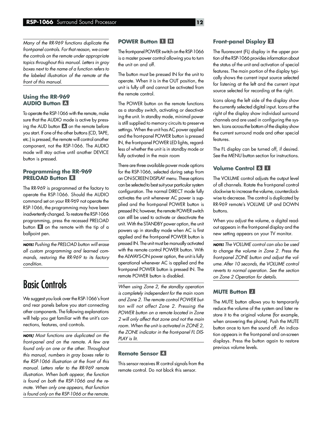 Rotel RSP-1066 owner manual Basic Controls 