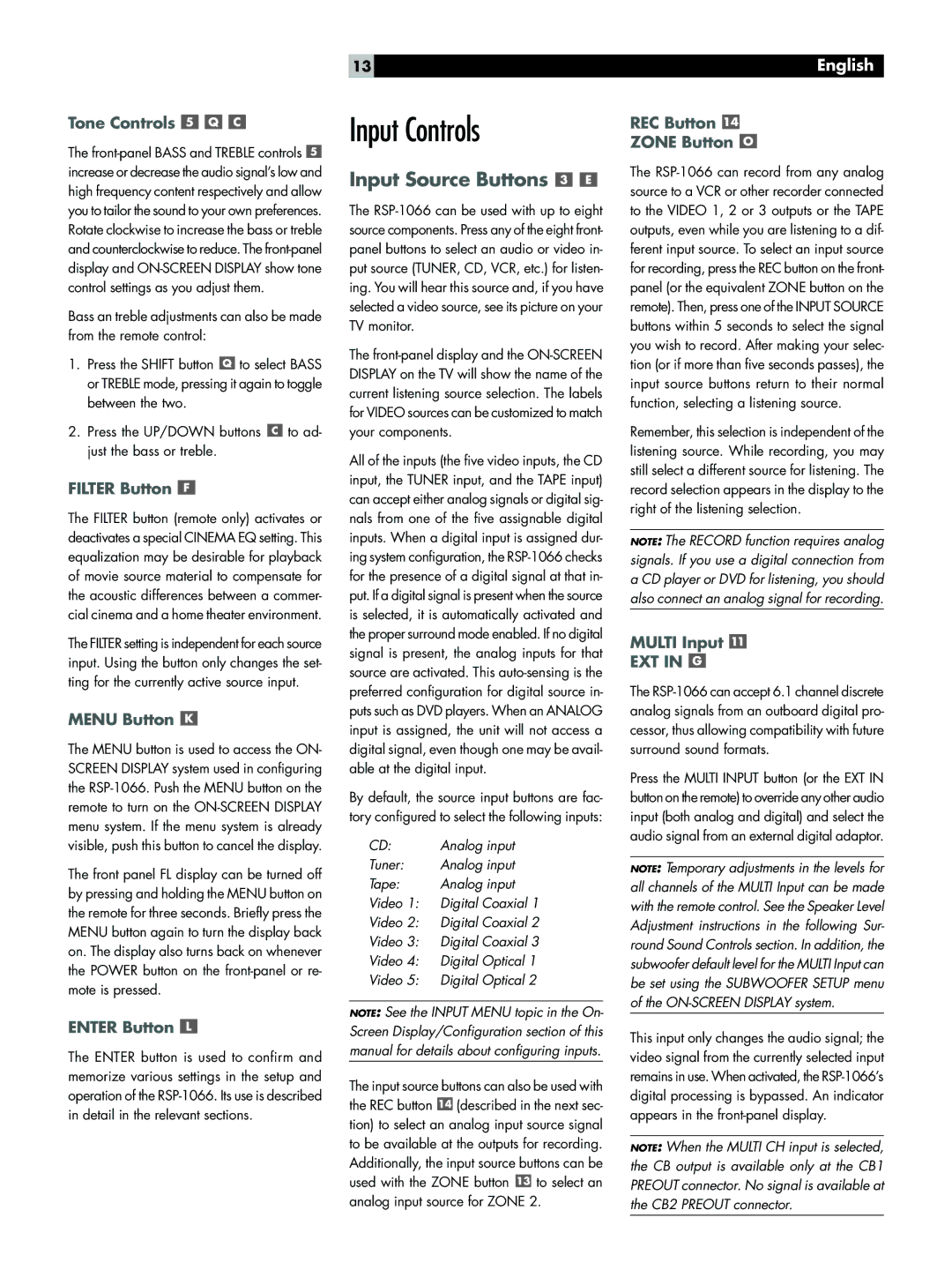 Rotel RSP-1066 owner manual Input Controls 