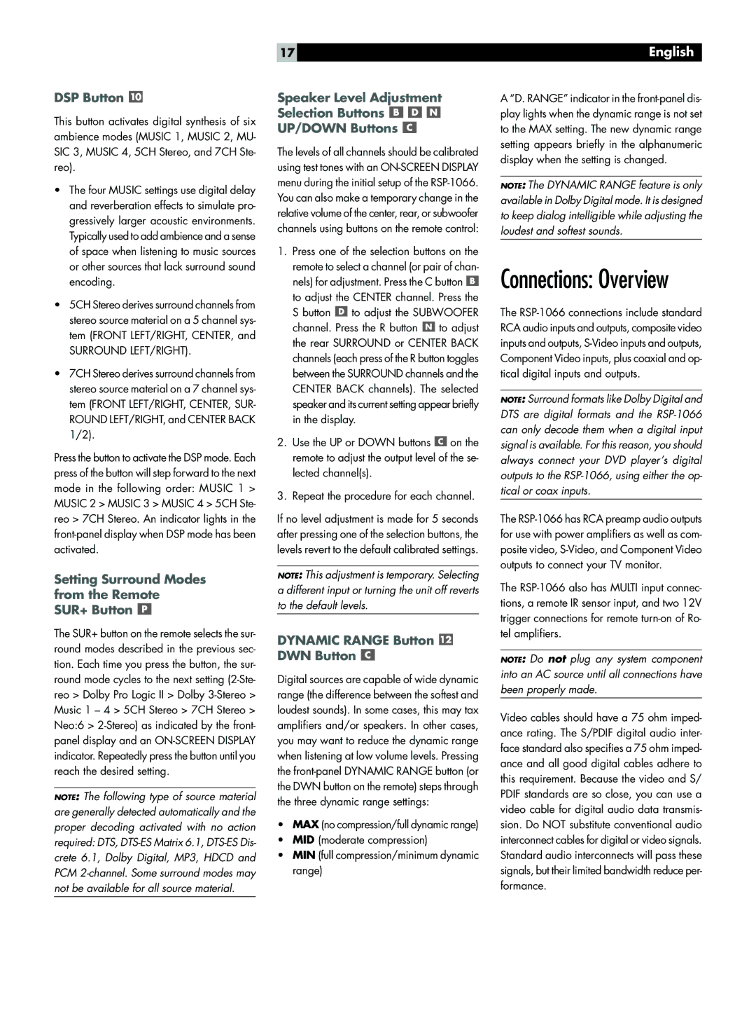 Rotel RSP-1066 owner manual DSP Button, Setting Surround Modes from the Remote SUR+ Button, Dynamic Range Button DWN Button 