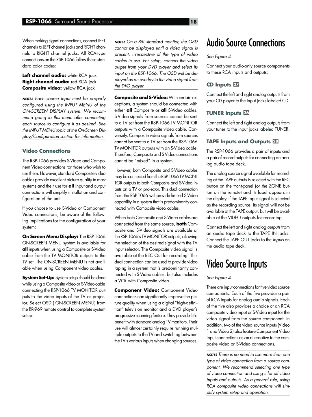 Rotel RSP-1066 owner manual Video Source Inputs, Video Connections, CD Inputs, Tuner Inputs, Tape Inputs and Outputs 