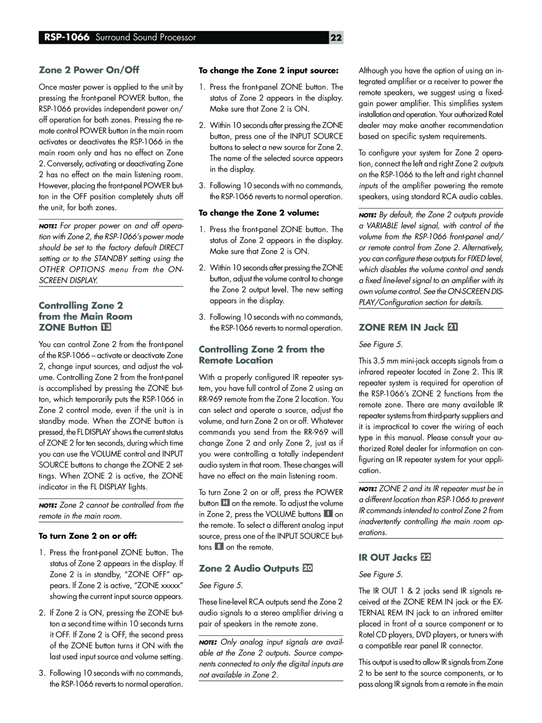 Rotel RSP-1066 Zone 2 Power On/Off, Controlling Zone 2 from the Main Room Zone Button, Zone 2 Audio Outputs, IR OUT Jacks 