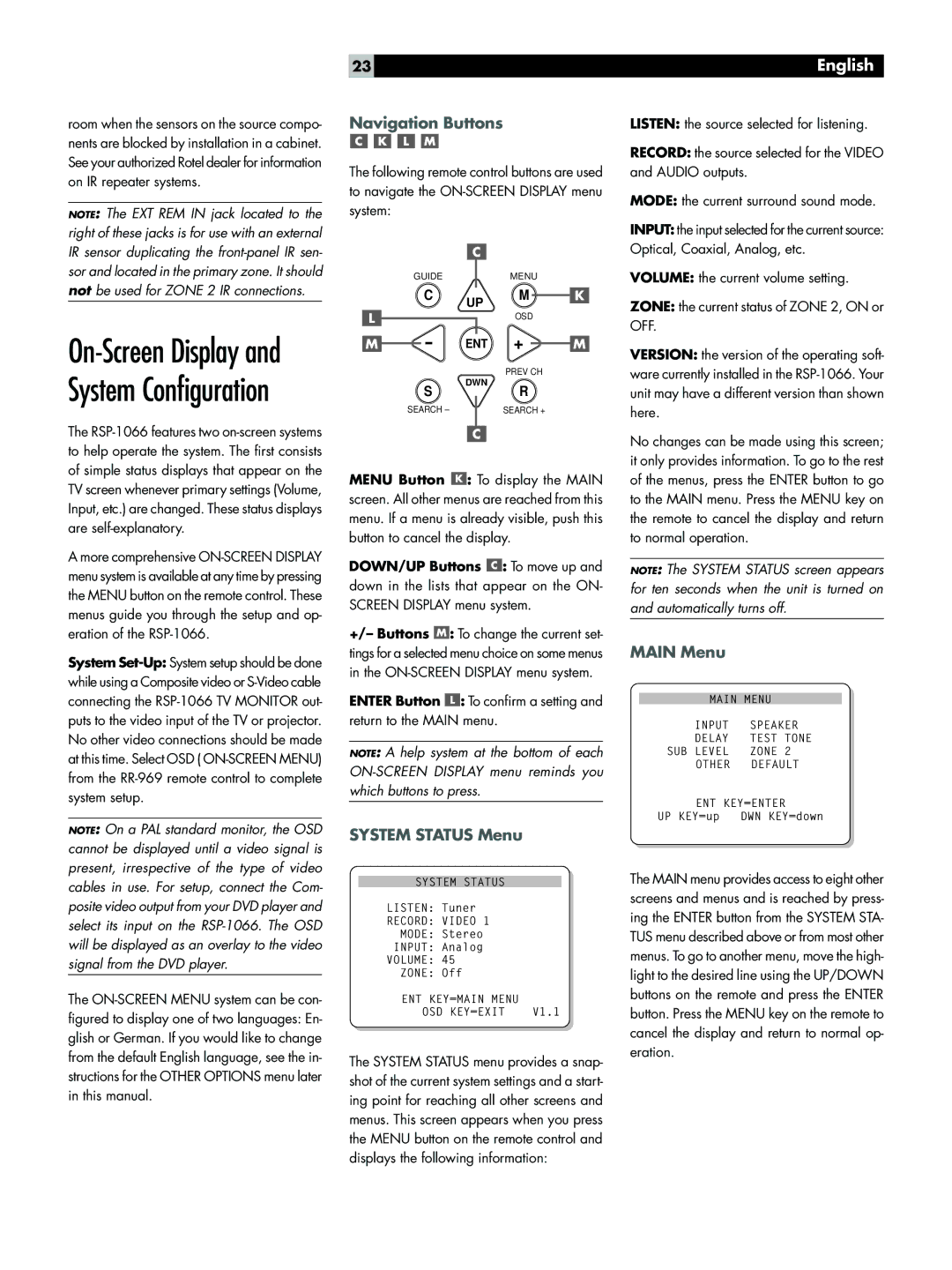 Rotel RSP-1066 owner manual Navigation Buttons, System Status Menu, Main Menu, DOWN/UP Buttons To move up 