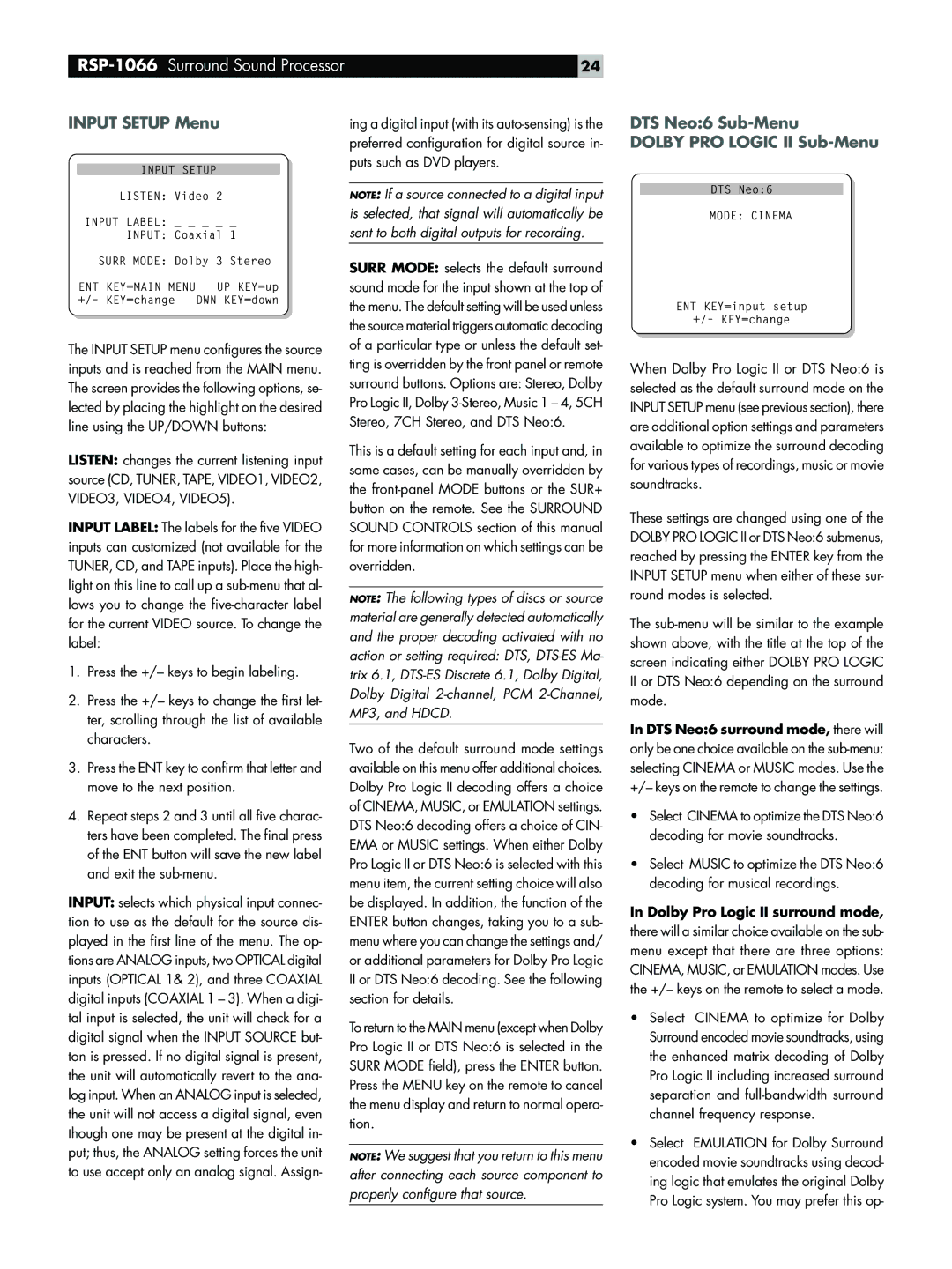 Rotel RSP-1066 Input Setup Menu, DTS Neo6 Sub-Menu Dolby PRO Logic II Sub-Menu, Dolby Pro Logic II surround mode 