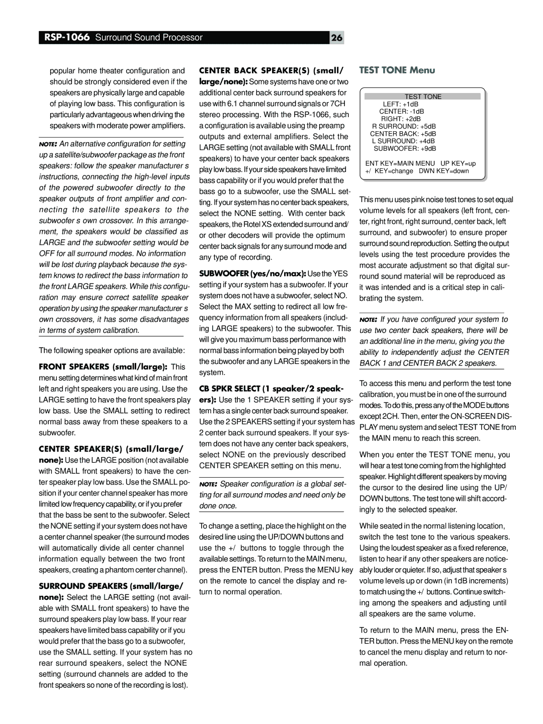 Rotel RSP-1066 Test Tone Menu, Surround Speakers small/large, Center Back Speakers small, CB Spkr Select 1 speaker/2 speak 