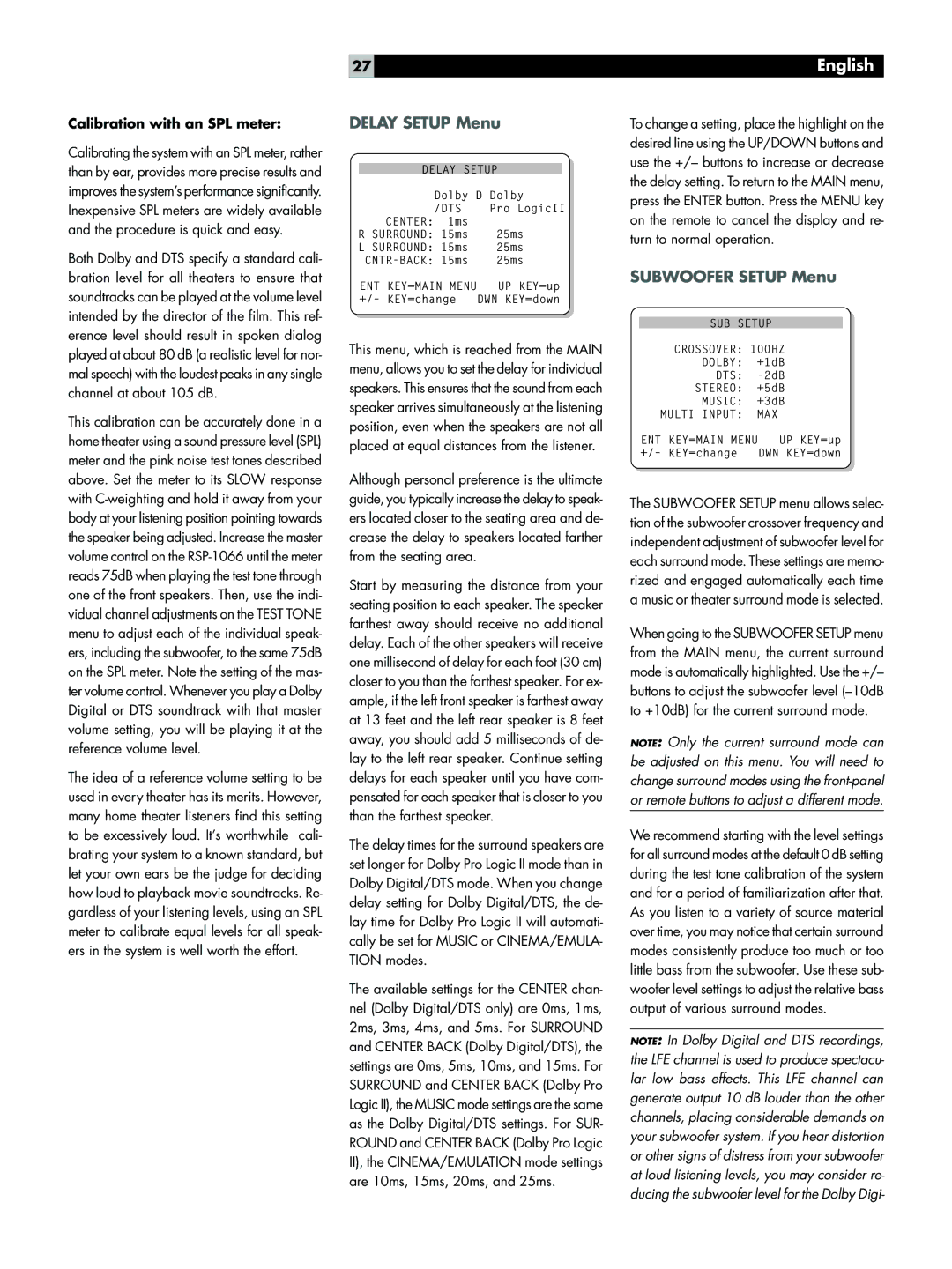 Rotel RSP-1066 owner manual Delay Setup Menu, Subwoofer Setup Menu, Calibration with an SPL meter 