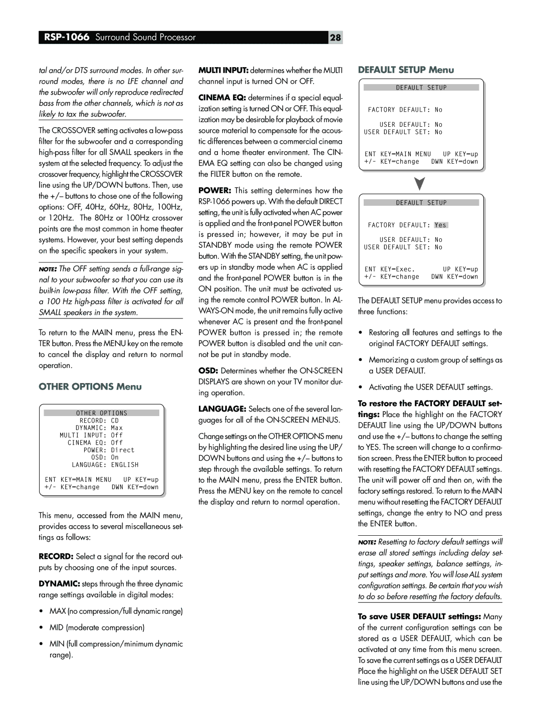 Rotel RSP-1066 owner manual Other Options Menu, Default Setup Menu, To restore the Factory Default set 