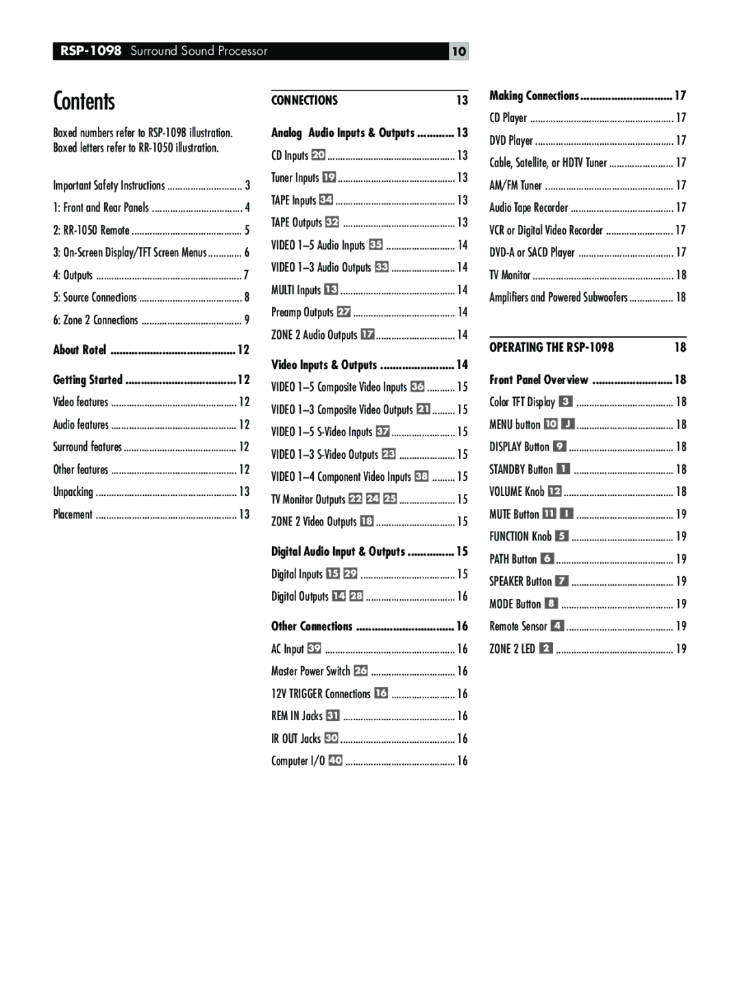 Rotel RSP-1098 owner manual Contents 