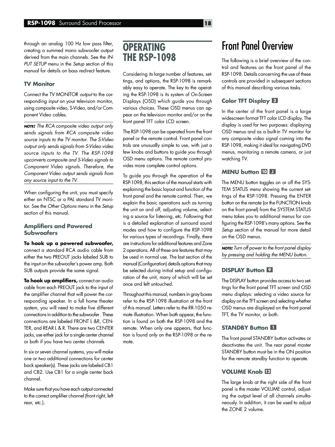 Rotel RSP-1098 owner manual Front Panel Overview 