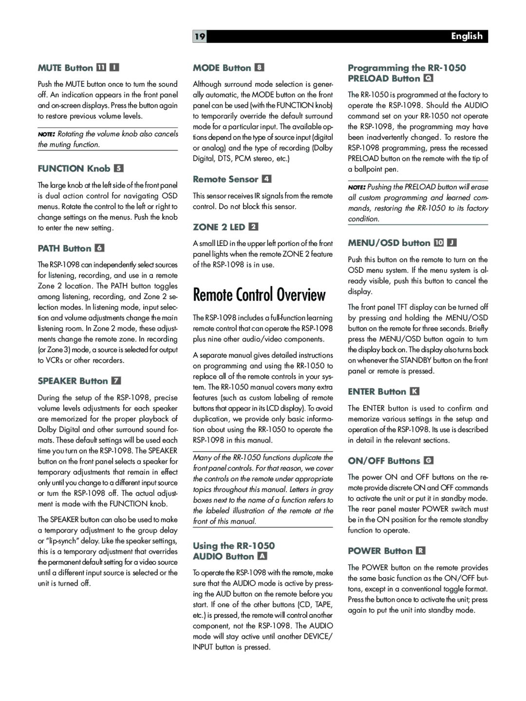 Rotel RSP-1098 Mute Button, Function Knob, Path Button, Speaker Button, Mode Button, Remote Sensor, MENU/OSD button 