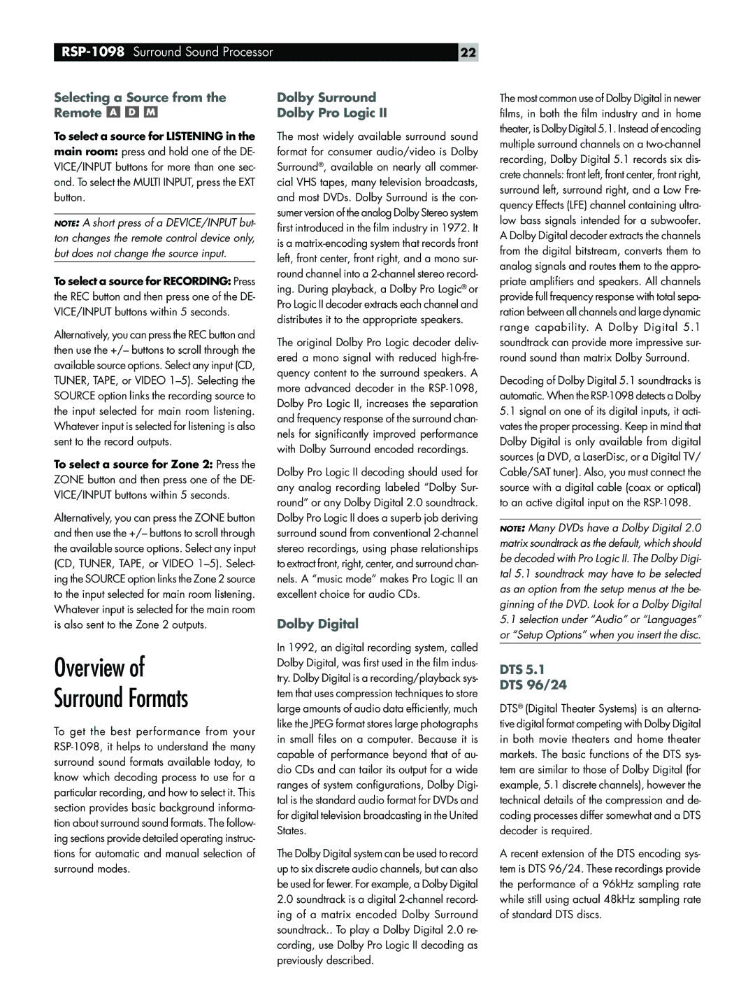 Rotel RSP-1098 owner manual Overview Surround Formats, Selecting a Source from the Remote, Dolby Surround Dolby Pro Logic 