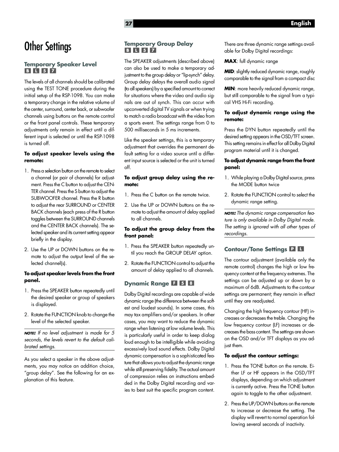 Rotel RSP-1098 Other Settings, Temporary Speaker Level, Temporary Group Delay, Dynamic Range, Contour/Tone Settings 