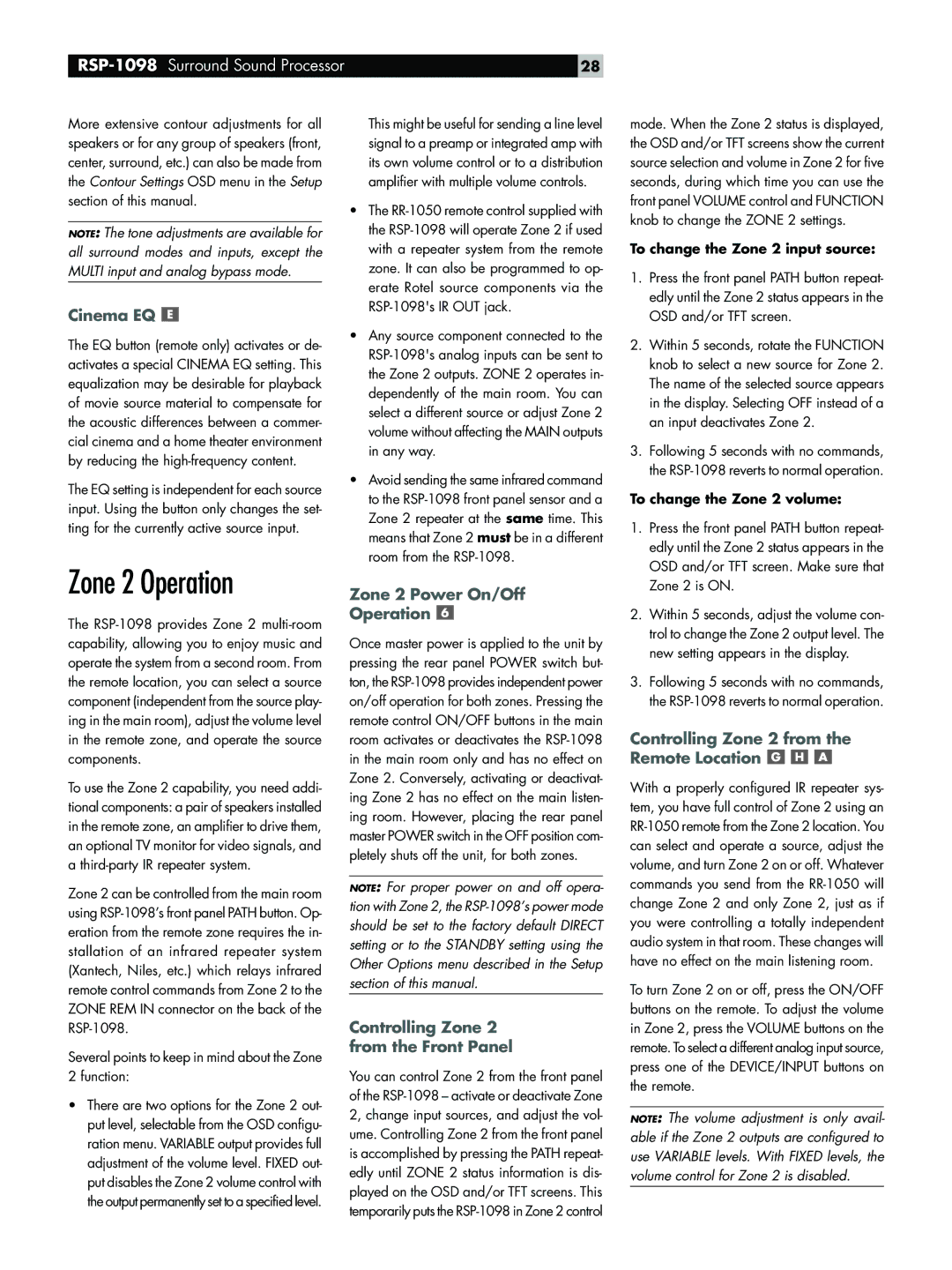 Rotel RSP-1098 Zone 2 Operation, Cinema EQ, Zone 2 Power On/Off Operation, Controlling Zone 2 from the Front Panel 