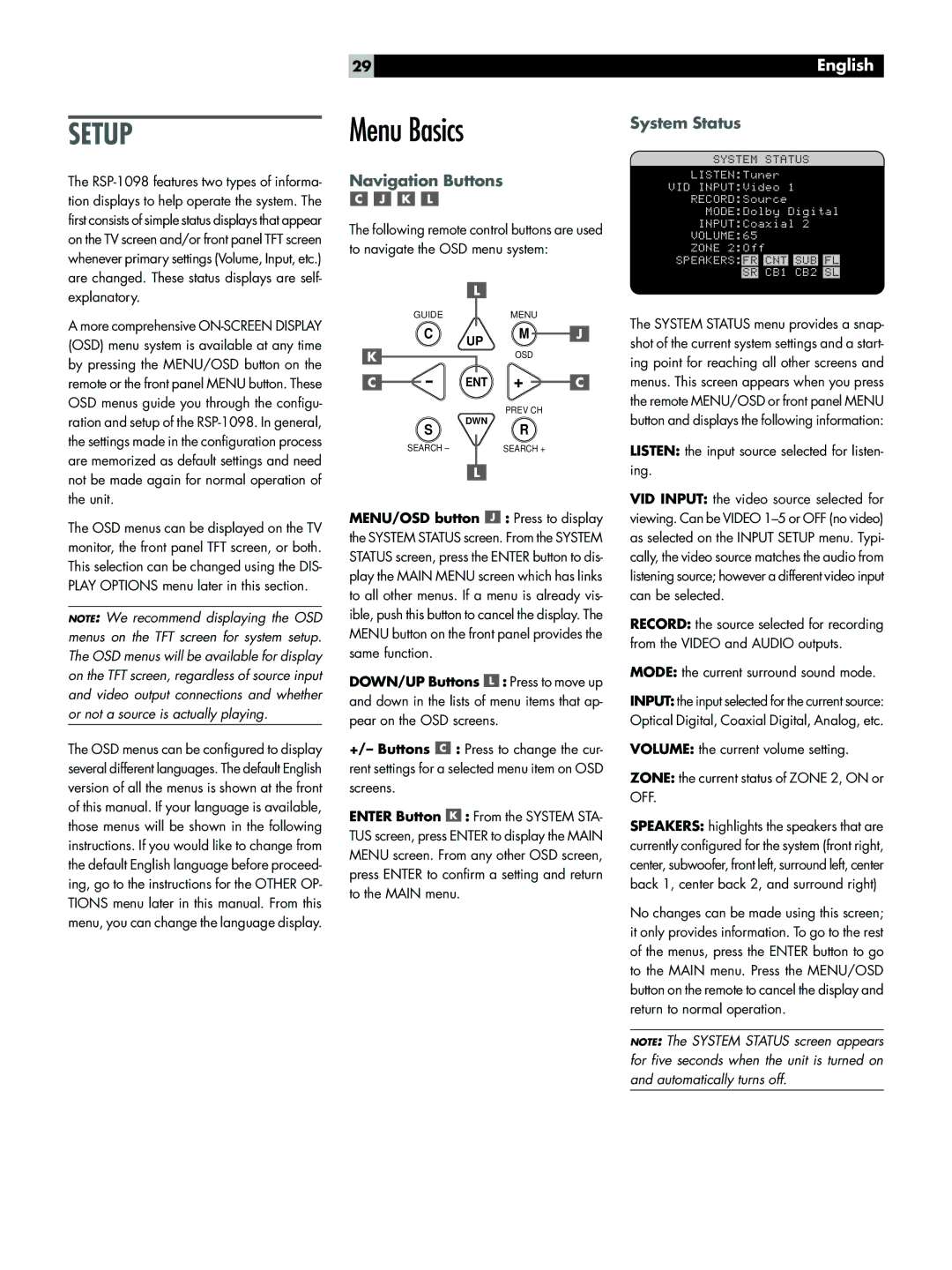 Rotel RSP-1098 owner manual Menu Basics, Navigation Buttons, System Status 