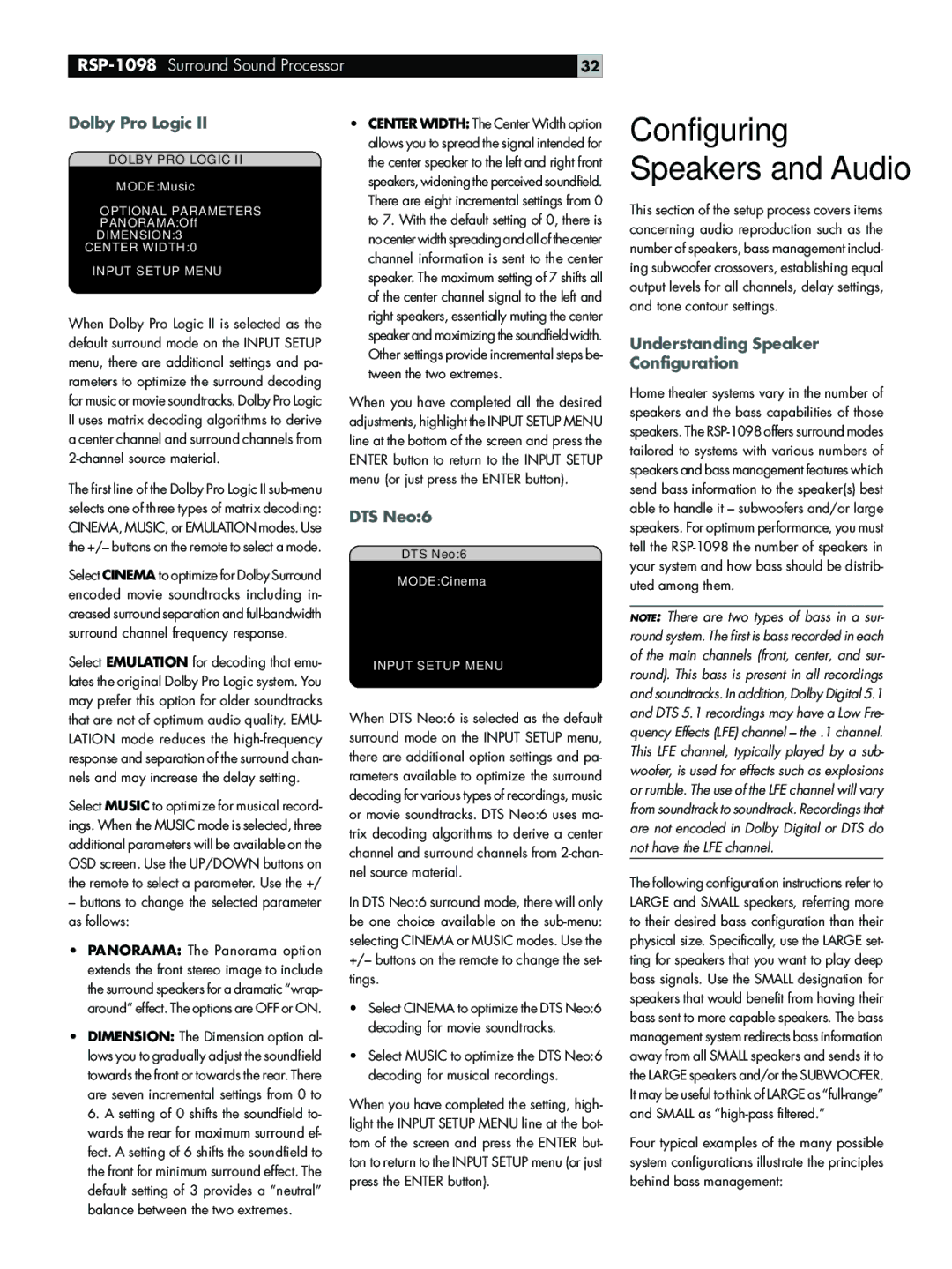 Rotel RSP-1098 owner manual Configuring Speakers and Audio, Understanding Speaker Configuration 