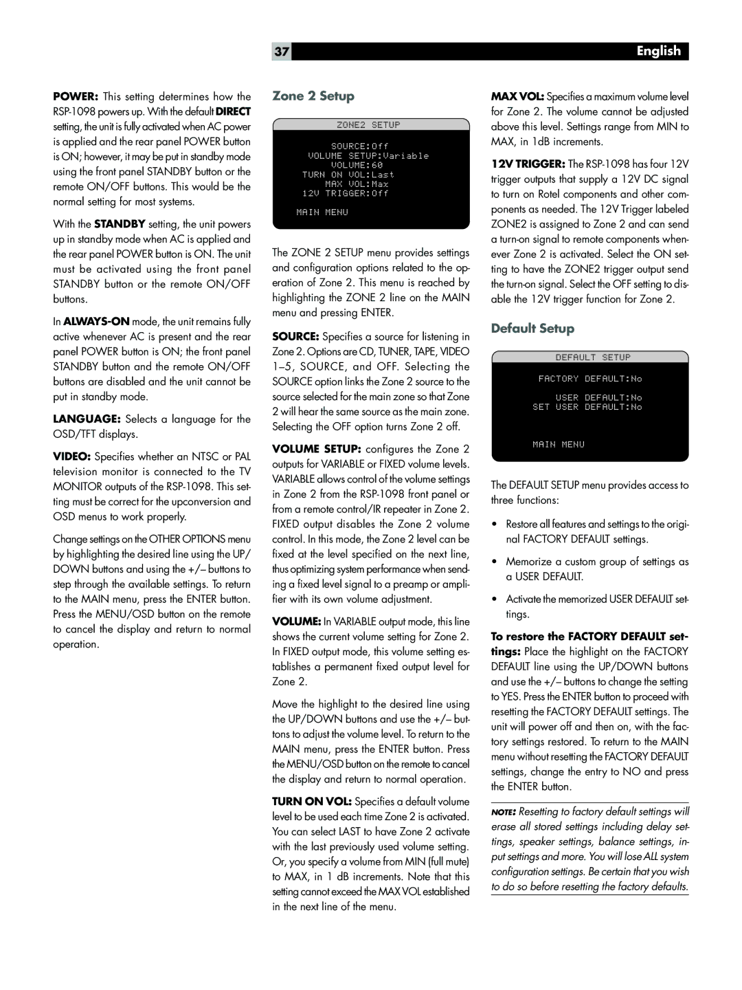 Rotel RSP-1098 owner manual Zone 2 Setup, Default Setup, To restore the Factory Default set 