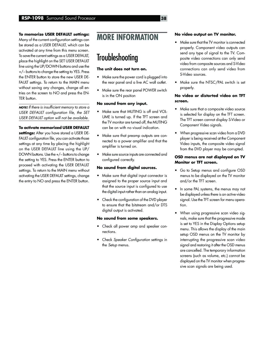 Rotel RSP-1098 owner manual Troubleshooting 