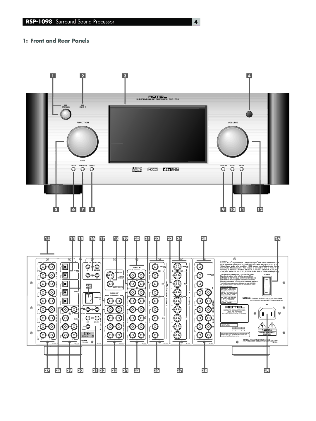 Rotel owner manual RSP-1098Surround Sound Processor, Front and Rear Panels 