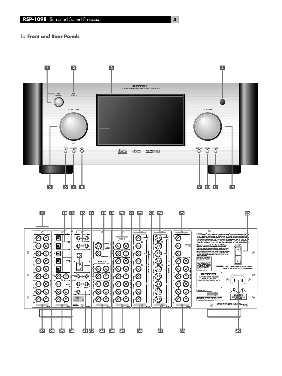 Rotel owner manual RSP-1098 Surround Sound Processor, Front and Rear Panels 