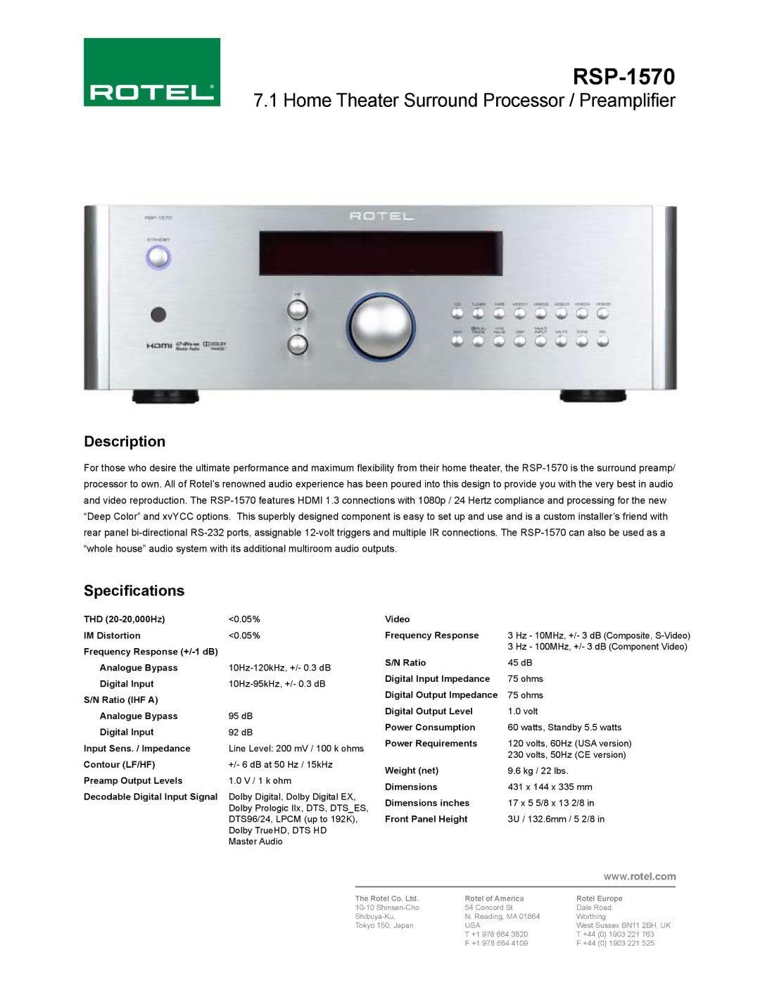 Rotel RSP-1570 dimensions Home Theater Surround Processor / Preamplifier, Description, Specifications 