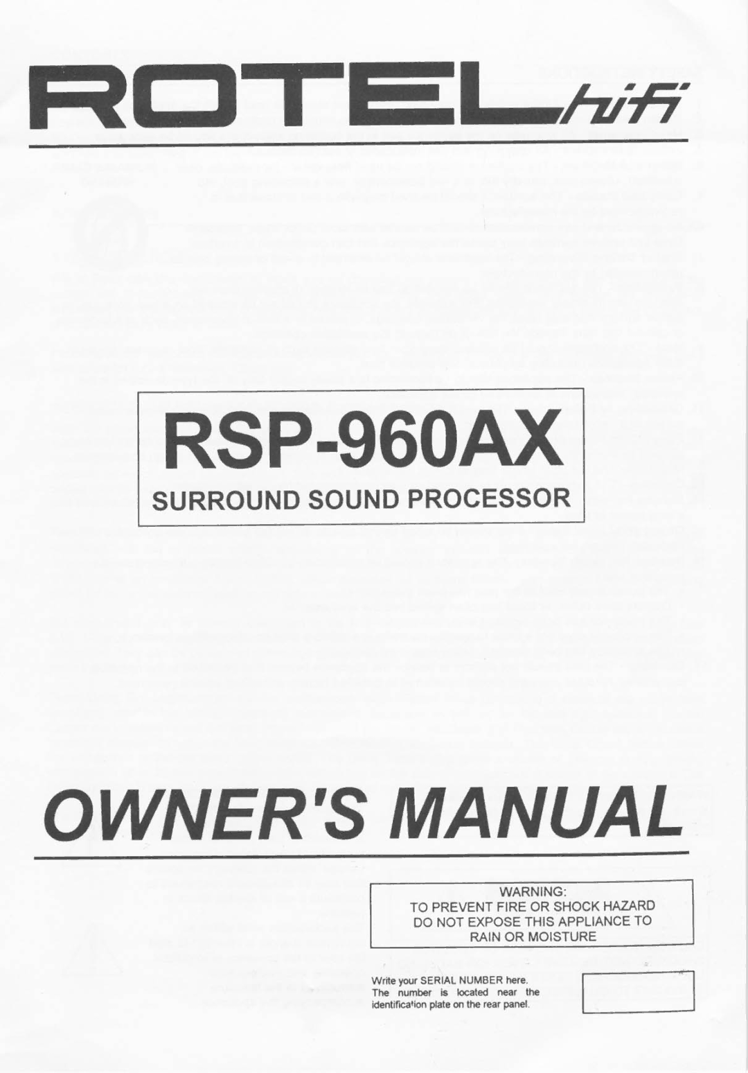 Rotel RSP-960AX manual 