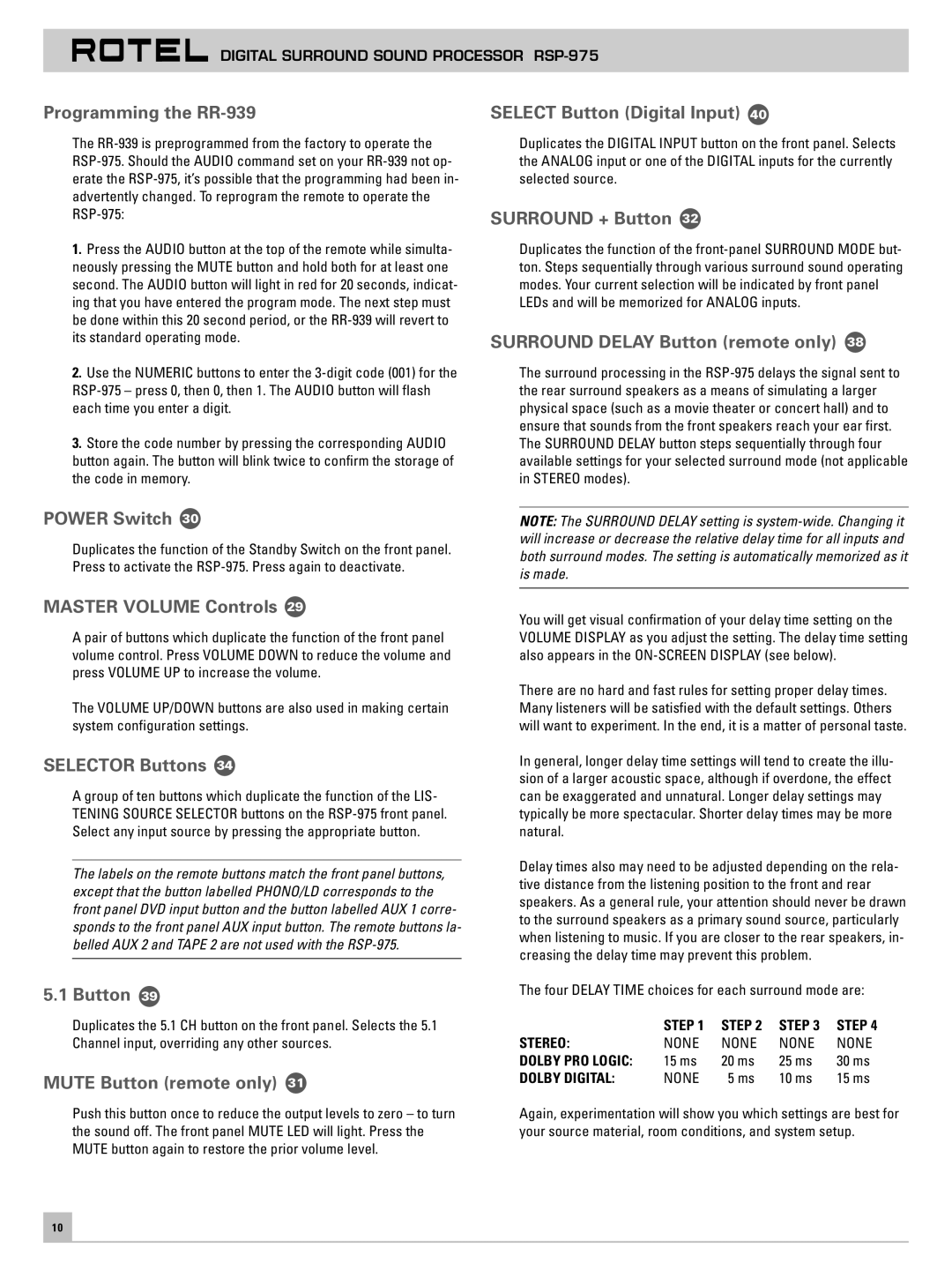 Rotel RSP-975 Programming the RR-939, Power Switch, Master Volume Controls, Selector Buttons, Mute Button remote only 