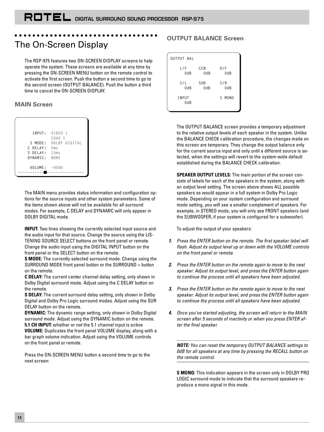 Rotel RSP-975 owner manual On-Screen Display, Main Screen Output Balance Screen 