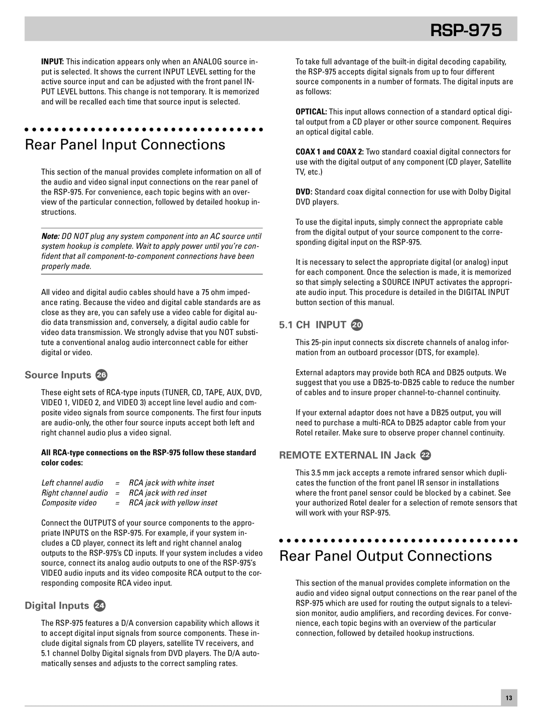 Rotel RSP-975 owner manual Rear Panel Input Connections, Rear Panel Output Connections 