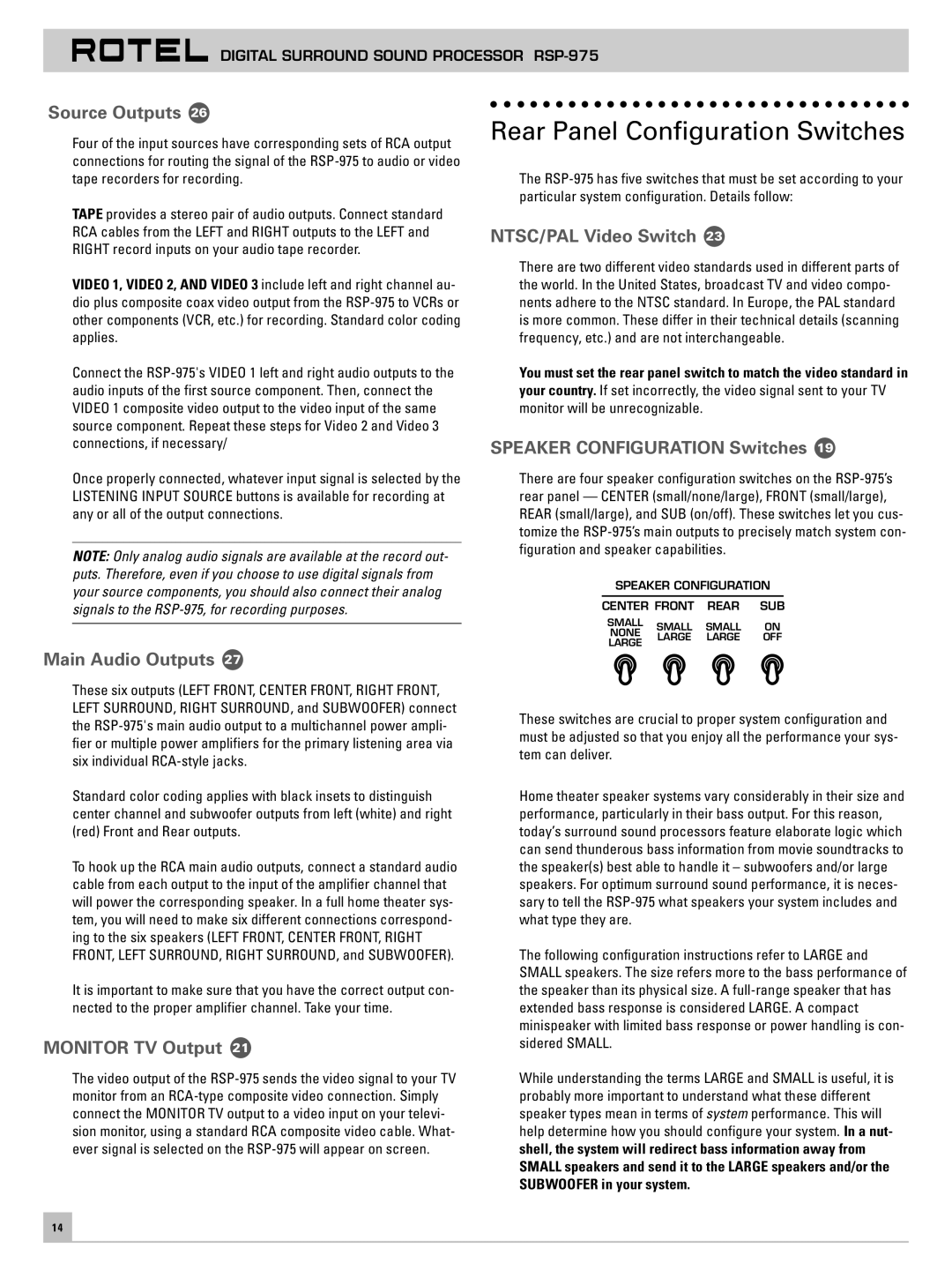 Rotel RSP-975 owner manual Rear Panel Configuration Switches 