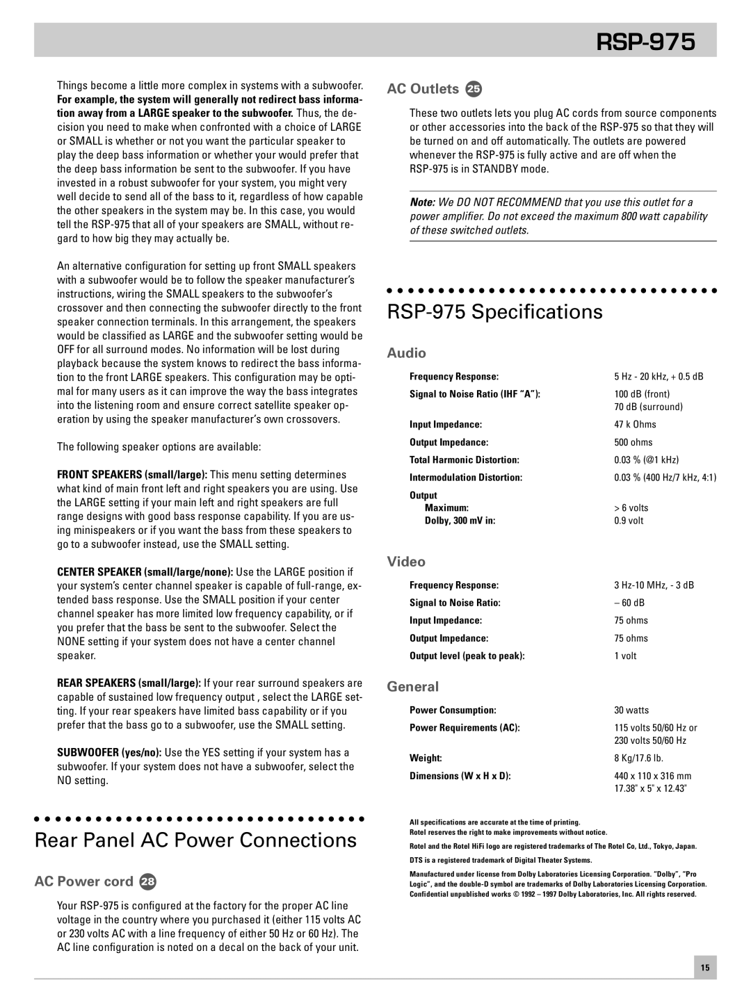 Rotel owner manual Rear Panel AC Power Connections, RSP-975 Specifications 