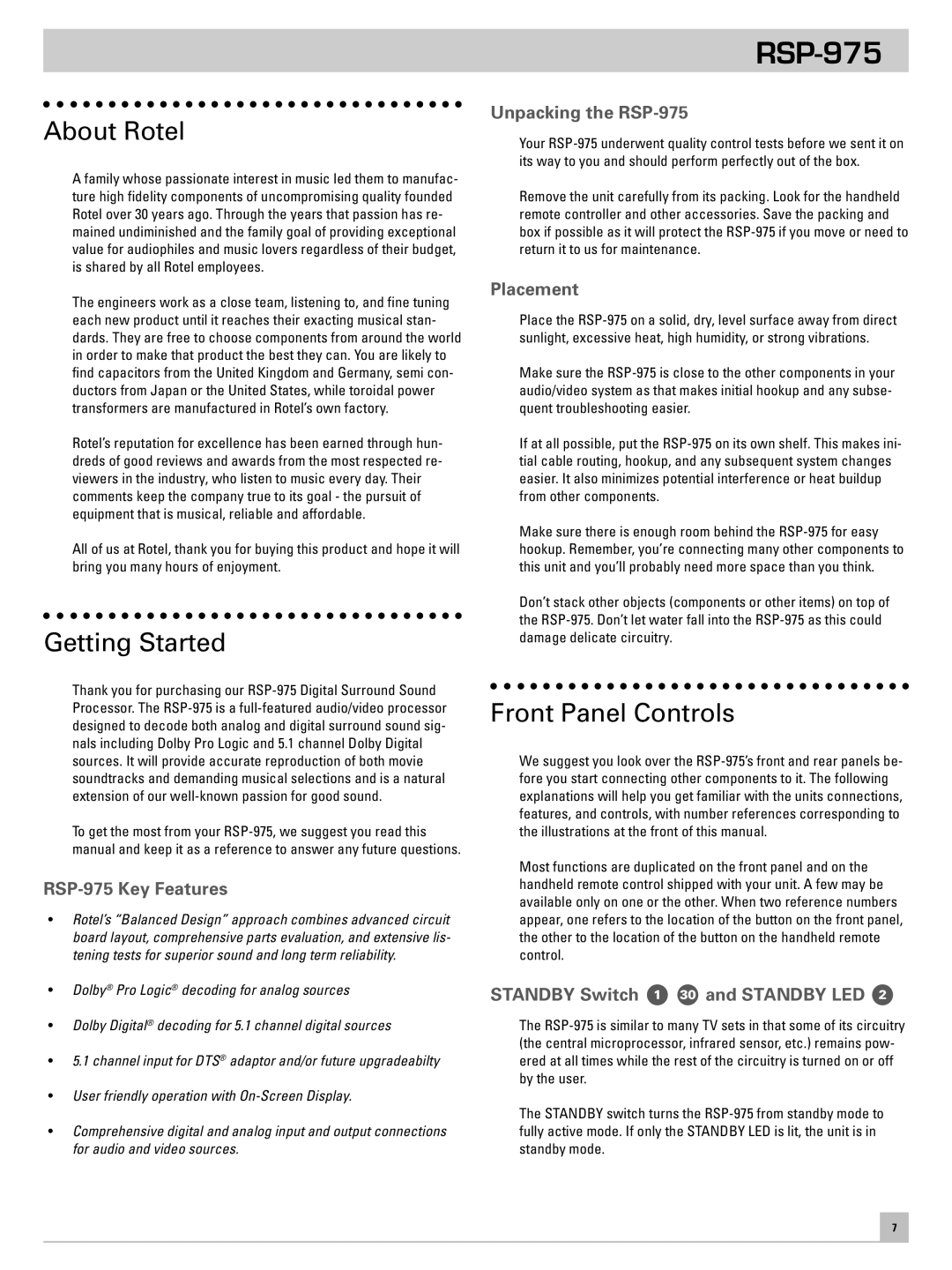 Rotel RSP-975 owner manual About Rotel, Getting Started, Front Panel Controls 