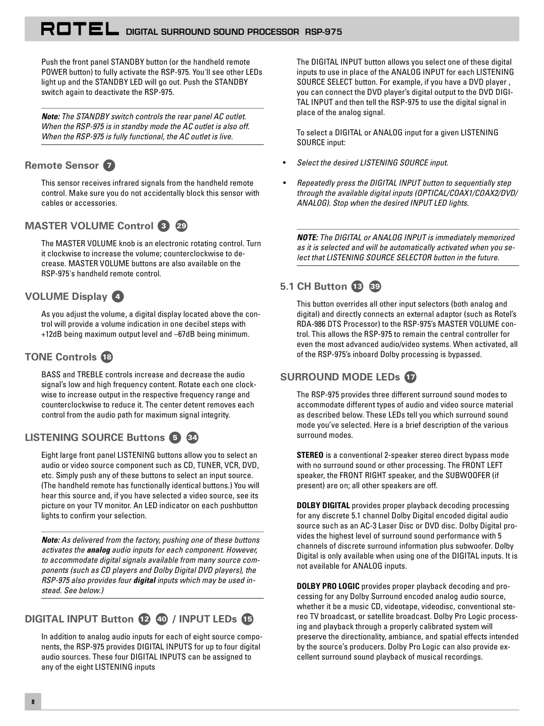 Rotel RSP-975 Remote Sensor, Master Volume Control 3, Volume Display, Tone Controls, Listening Source Buttons 5 